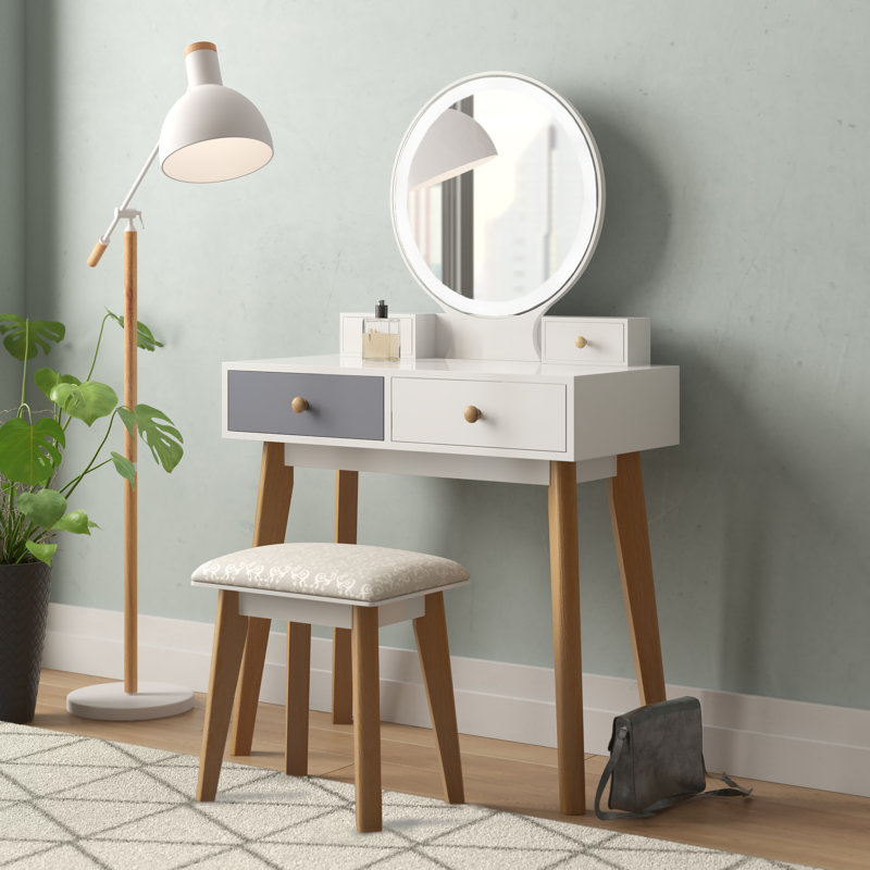 Wrought Studio Demetris Vanity Set with Stool and Mirror & Reviews